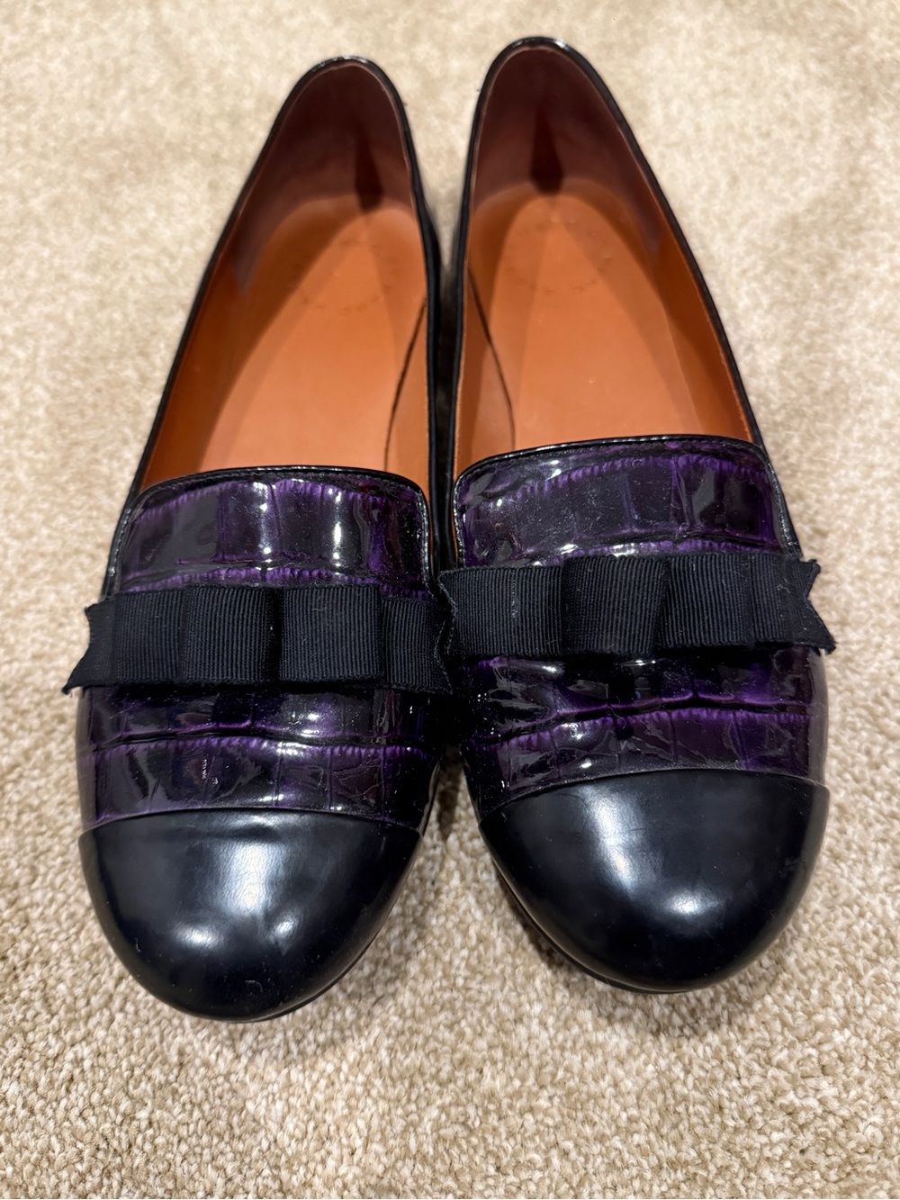 Marc Fisher Purple Patent and Black Cap-Toe Loafers with Bow Trim